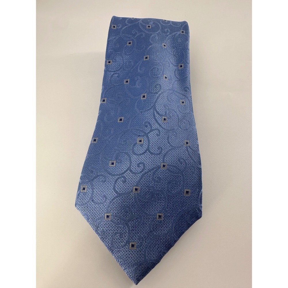 Tasso Elba Mens Blue Silk Paisley Geometric Square Pattern Necktie‎ Hand Made